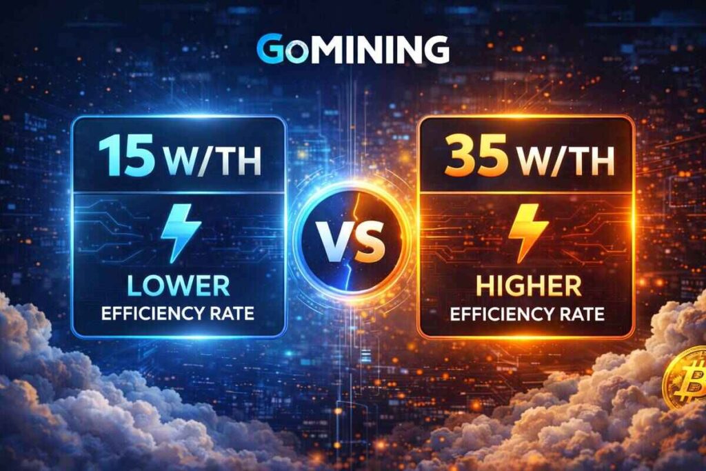 Comparing Efficiency Levels 15 W:TH vs. 35 W:TH gomining bitcoin btc miner 